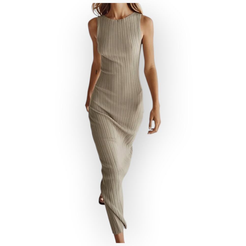 Commense Ribbed Knit Maxi Dress XL Taupe Sleeveless Bodycon Minimalist Modern